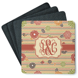 Chevron & Fall Flowers Square Rubber Backed Coasters - Set of 4 (Personalized)