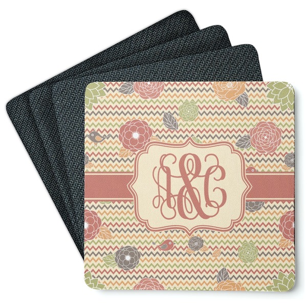 Custom Chevron & Fall Flowers Square Rubber Backed Coasters - Set of 4 (Personalized)