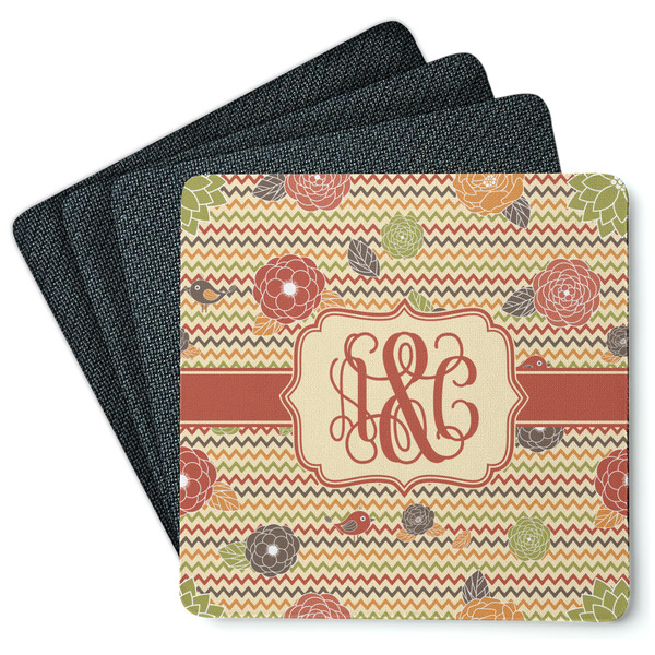 Custom Chevron & Fall Flowers Square Rubber Backed Coasters - Set of 4 (Personalized)