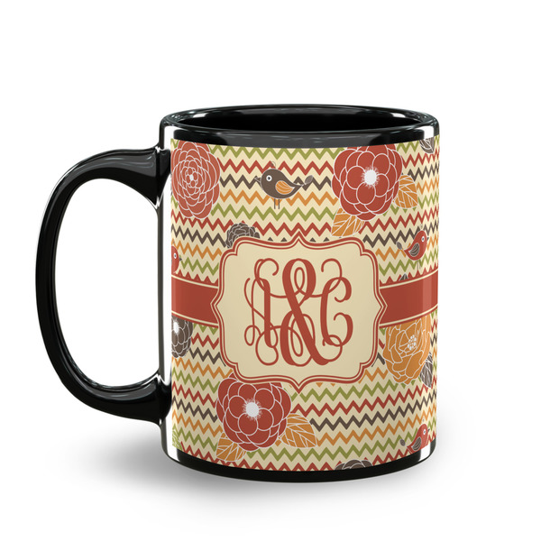 Chevron & Fall Flowers Coffee Mug - 11 oz - Black
