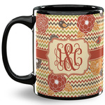 Chevron & Fall Flowers 11 Oz Coffee Mug - Black (Personalized)