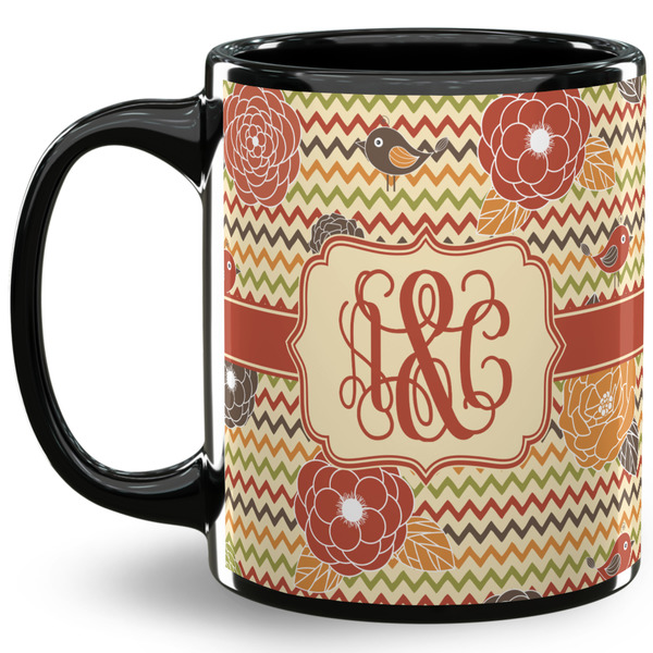 Custom Chevron & Fall Flowers 11 Oz Coffee Mug - Black (Personalized)