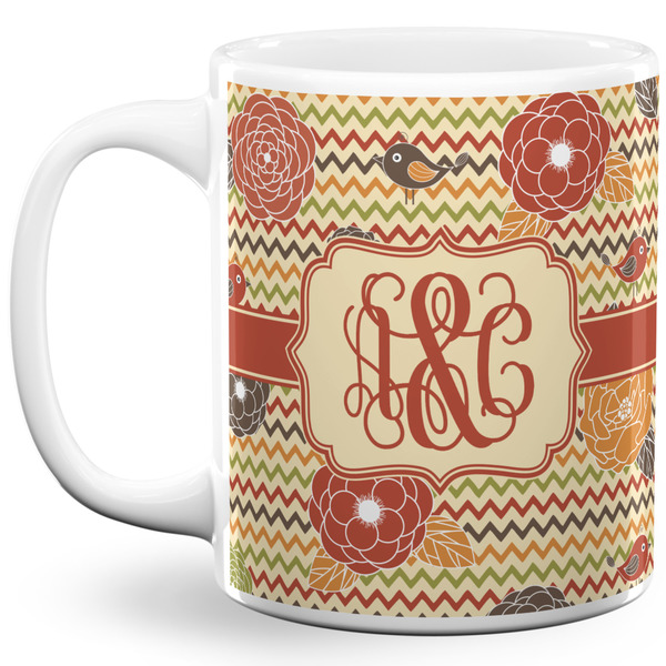 Custom Chevron & Fall Flowers 11 Oz Coffee Mug - White (Personalized)