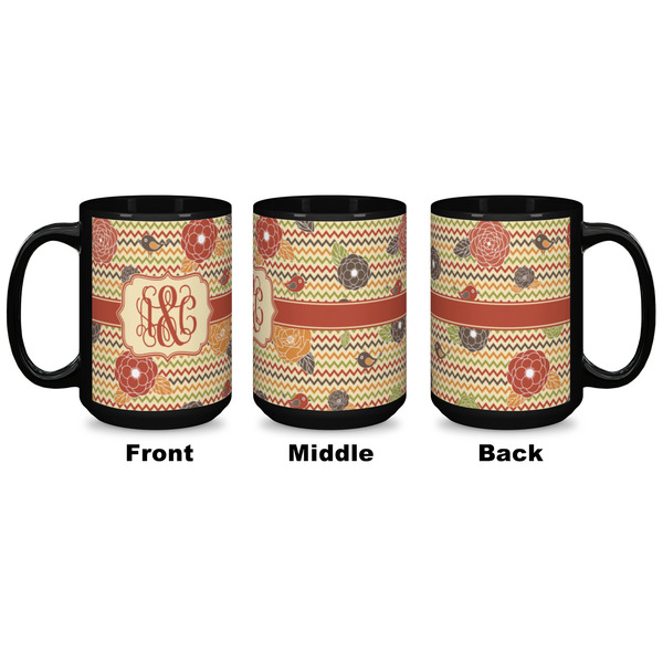 Chevron & Fall Flowers Coffee Mug - 15 oz - Black APPROVAL