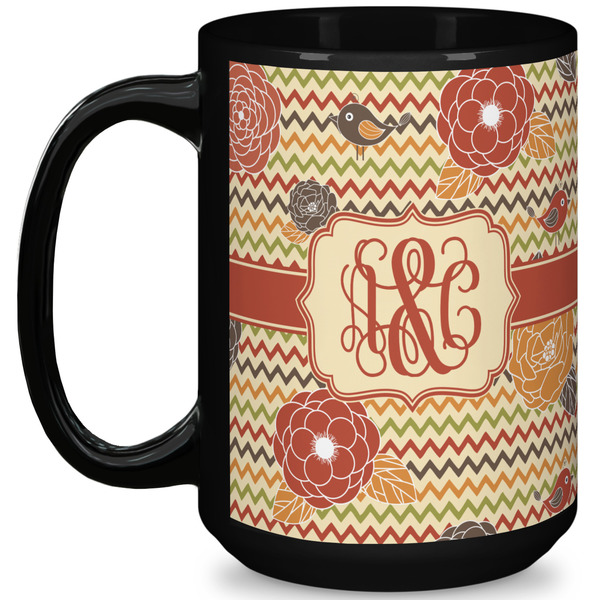 Custom Chevron & Fall Flowers 15 Oz Coffee Mug - Black (Personalized)