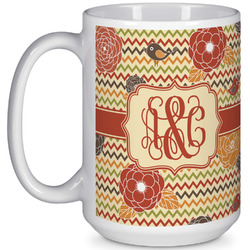 Chevron & Fall Flowers 15 Oz Coffee Mug - White (Personalized)