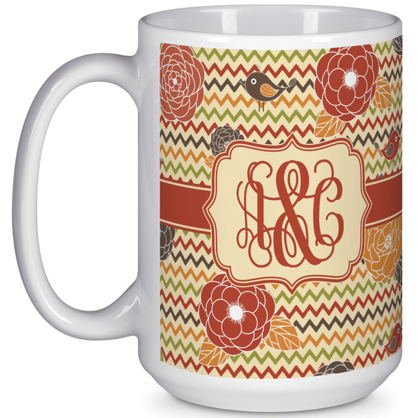 Custom Chevron & Fall Flowers 15 Oz Coffee Mug - White (Personalized)