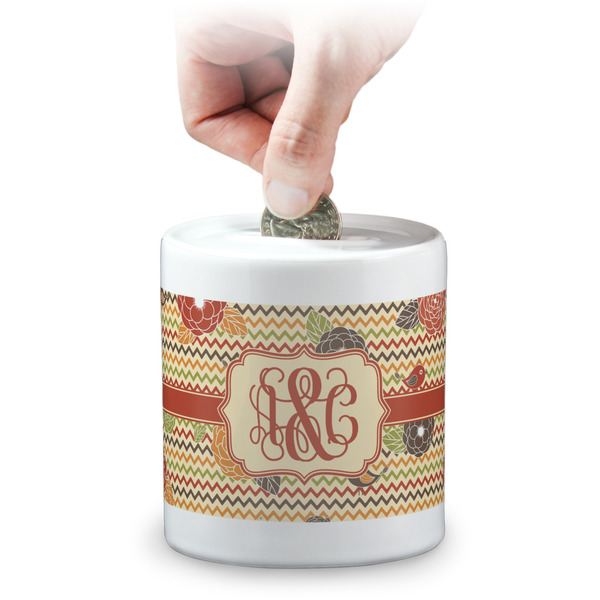 Custom Chevron & Fall Flowers Coin Bank (Personalized)