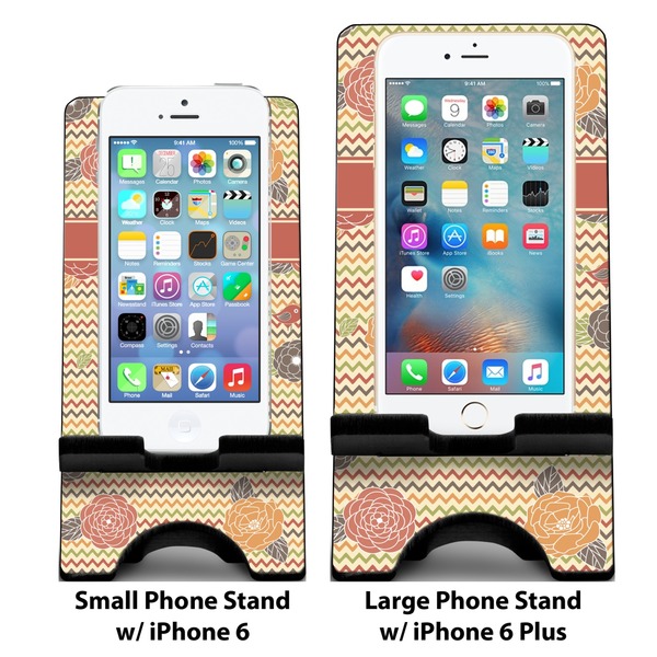Chevron & Fall Flowers Compare Phone Stand Sizes - with iPhones