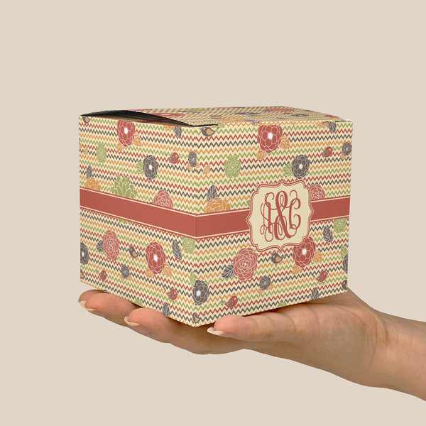 Chevron & Fall Flowers Cube Favor Gift Box - On Hand - Scale View