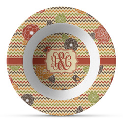 Chevron & Fall Flowers Plastic Bowl - Microwave Safe - Composite Polymer (Personalized)