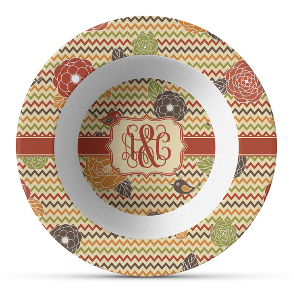 Custom Chevron & Fall Flowers Plastic Bowl - Microwave Safe - Composite Polymer (Personalized)