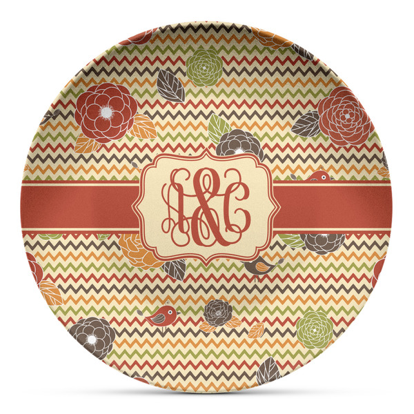 Custom Chevron & Fall Flowers Microwave Safe Plastic Plate - Composite Polymer (Personalized)