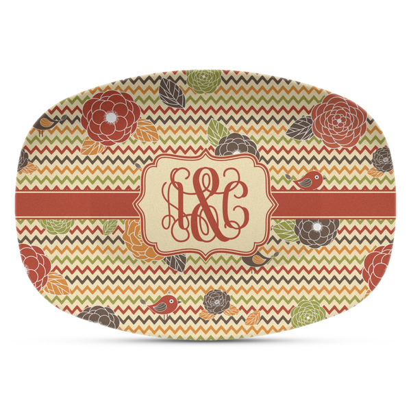 Custom Chevron & Fall Flowers Plastic Platter - Microwave & Oven Safe Composite Polymer (Personalized)