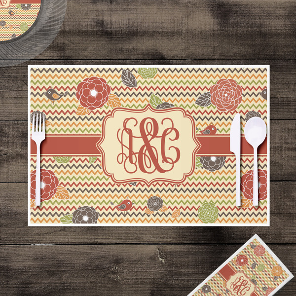 Chevron & Fall Flowers Disposable Paper Placemat - In Context