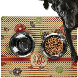 Chevron & Fall Flowers Dog Food Mat - Large w/ Couple's Names