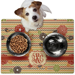 Chevron & Fall Flowers Dog Food Mat - Medium w/ Couple's Names
