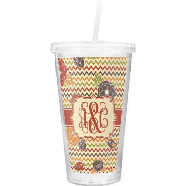 Custom Chevron & Fall Flowers Double Wall Tumbler with Straw (Personalized)