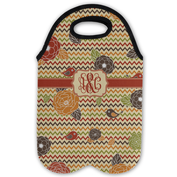 Chevron & Fall Flowers Double Wine Tote - Flat (new)