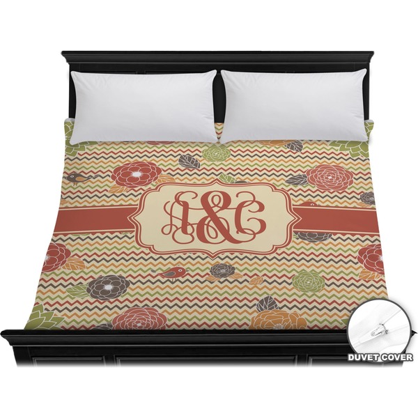 Custom Chevron & Fall Flowers Duvet Cover - King (Personalized)