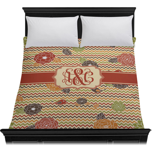 Chevron & Fall Flowers Duvet Cover - Queen - On Bed - No Prop