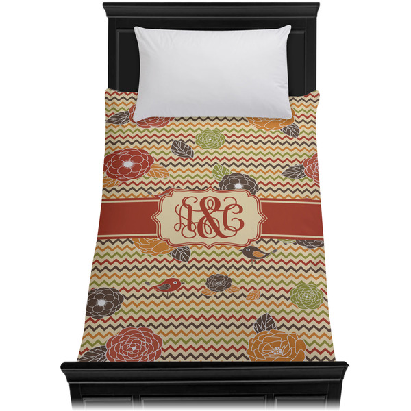 Chevron & Fall Flowers Duvet Cover - Twin - On Bed - No Prop