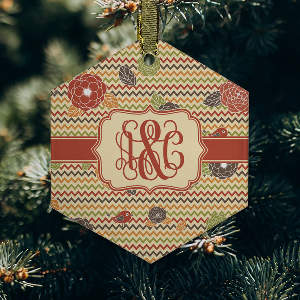 Chevron & Fall Flowers Frosted Glass Ornament - Hexagon (Lifestyle)