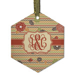 Chevron & Fall Flowers Flat Glass Ornament - Hexagon w/ Couple's Names