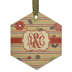 Chevron & Fall Flowers Flat Glass Ornament - Hexagon w/ Couple's Names