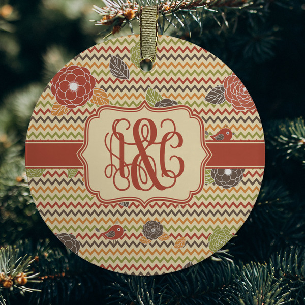 Chevron & Fall Flowers Frosted Glass Ornament - Round (Lifestyle)