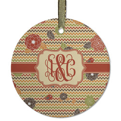 Chevron & Fall Flowers Flat Glass Ornament - Round w/ Couple's Names