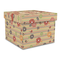 Chevron & Fall Flowers Gift Box with Lid - Canvas Wrapped - Large (Personalized)