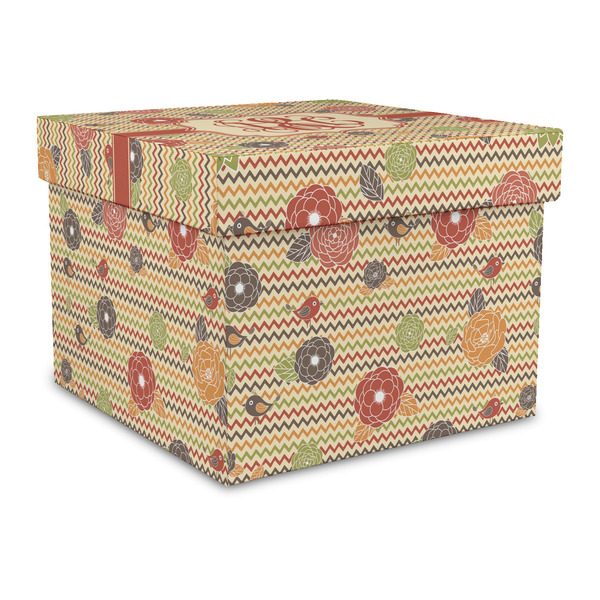 Custom Chevron & Fall Flowers Gift Box with Lid - Canvas Wrapped - Large (Personalized)
