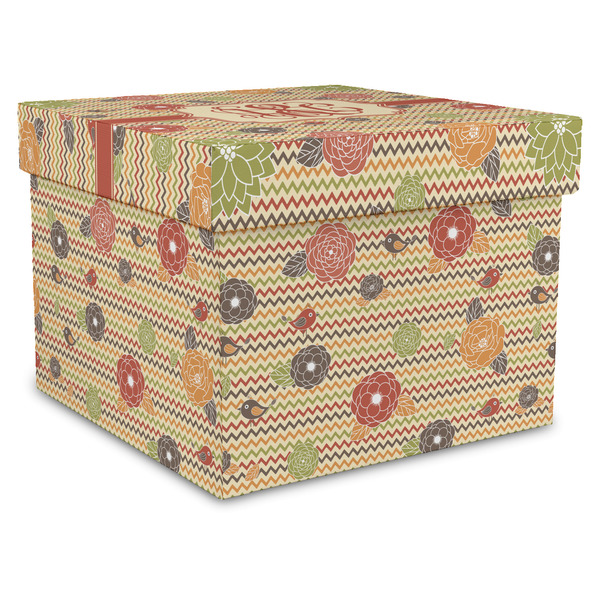 Custom Chevron & Fall Flowers Gift Box with Lid - Canvas Wrapped - X-Large (Personalized)