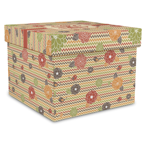 Custom Chevron & Fall Flowers Gift Box with Lid - Canvas Wrapped - X-Large (Personalized)