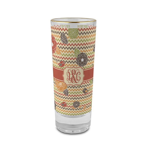 Custom Chevron & Fall Flowers 2 oz Shot Glass - Glass with Gold Rim (Personalized)