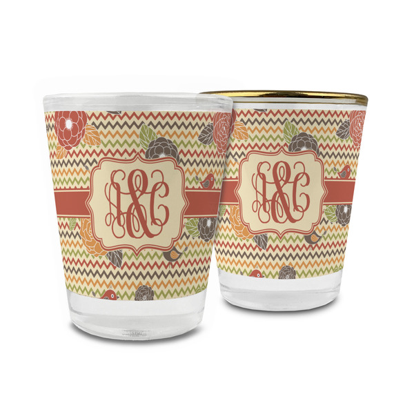 Custom Chevron & Fall Flowers Glass Shot Glass - 1.5 oz (Personalized)