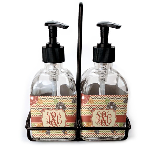 Custom Chevron & Fall Flowers Glass Soap & Lotion Bottle Set (Personalized)