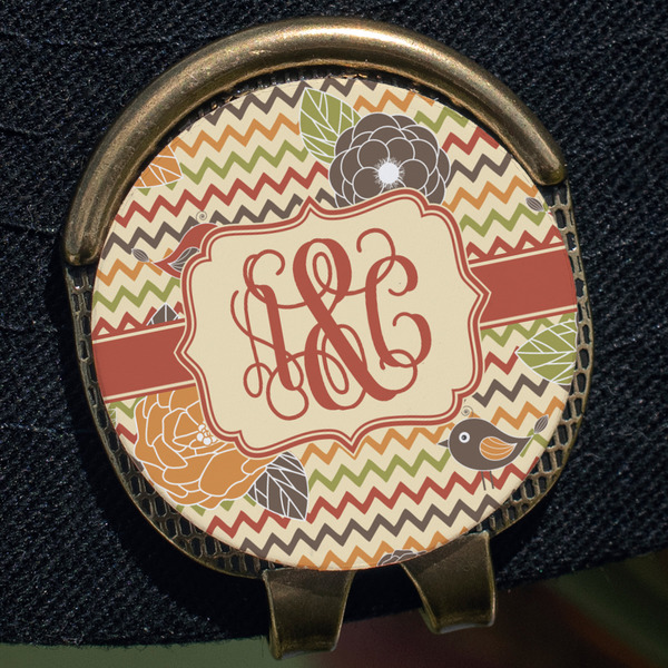Chevron & Fall Flowers Golf Ball Marker Hat Clip - Gold - Close Up
