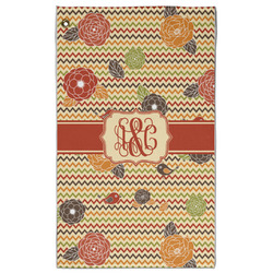 Chevron & Fall Flowers Golf Towel - Poly-Cotton Blend - Large w/ Couple's Names