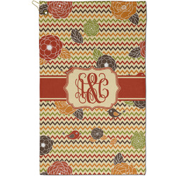 Chevron & Fall Flowers Golf Towel - Poly-Cotton Blend - Small w/ Couple's Names
