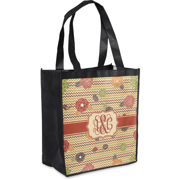 Custom Chevron & Fall Flowers Grocery Bag (Personalized)