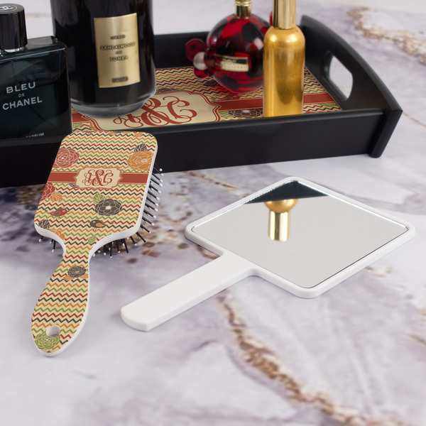 Chevron & Fall Flowers Hair Brush - With Hand Mirror