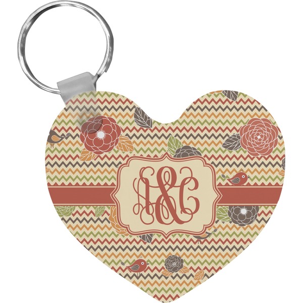 Custom Chevron & Fall Flowers Heart Plastic Keychain w/ Couple's Names