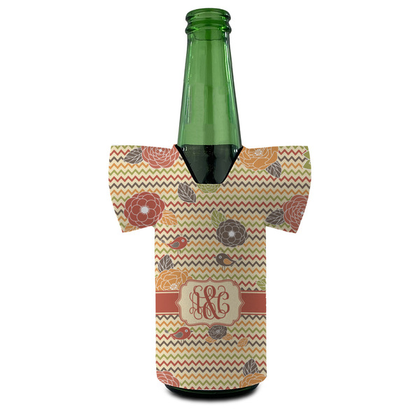 Chevron & Fall Flowers Jersey Bottle Cooler - FRONT (on bottle)