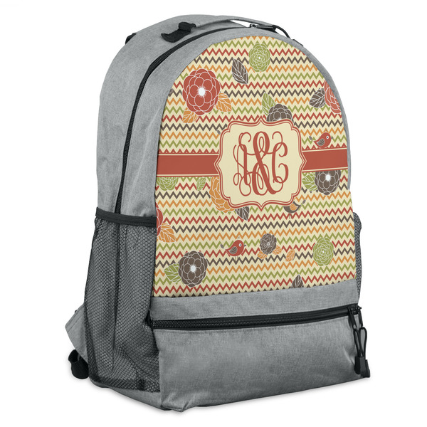 Custom Chevron & Fall Flowers Backpack - Grey (Personalized)