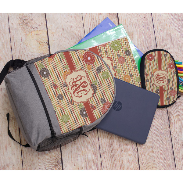 Chevron & Fall Flowers Large Backpack - Gray - With Stuff