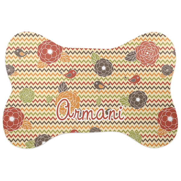 Custom Chevron & Fall Flowers Bone Shaped Dog Food Mat (Personalized)