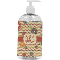 Chevron & Fall Flowers Plastic Soap / Lotion Dispenser (16 oz - Large - White) (Personalized)