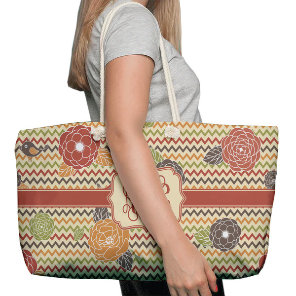 Chevron & Fall Flowers Large Rope Tote Bag - In Context View